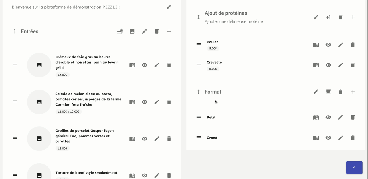 Pizzli Configuration Platform Preview as an Admin
